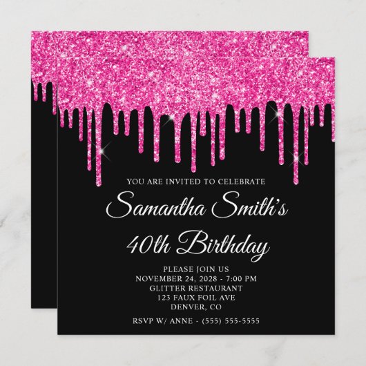 ホットピンクグリッターが黒い40歳の誕生日に滴り落ちる 招待状 (正面/裏面)