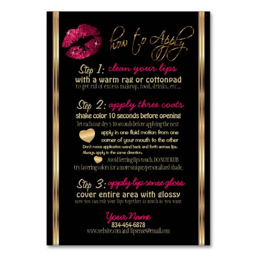 ホットピンクグリッターの手順、ヒントとトリック テーブルナンバー (正面)