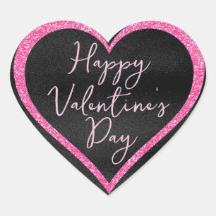 ホットピンクグリッターオンブラックバレンタインデー ハートシール