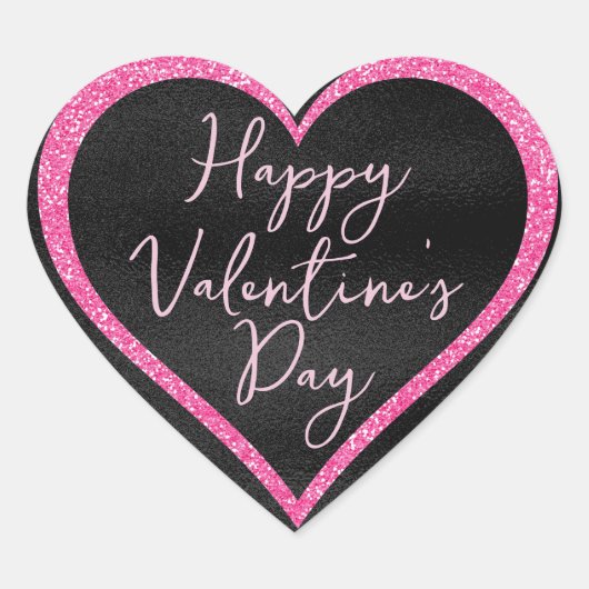 ホットピンクグリッターオンブラックバレンタインデー ハートシール (正面)
