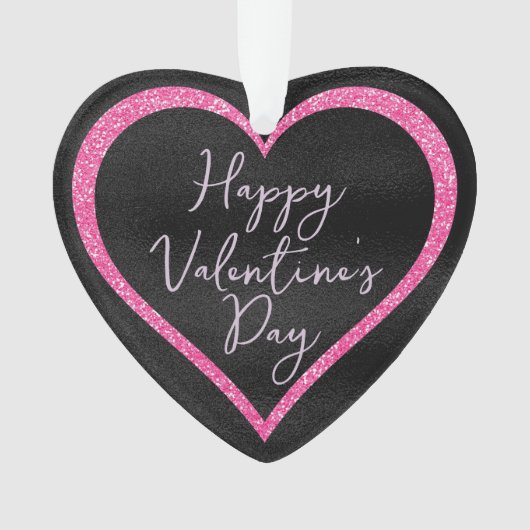 ホットピンクグリッターオンブラックロマンチックバレンタインデー オーナメント (正面)