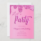 ホットピンクグリッターガーリー誕生日パーティー 招待状 (正面)