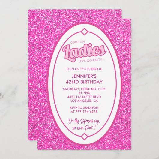 ホットピンクグリッターガールドール42歳の誕生日 招待状 (正面/裏面)