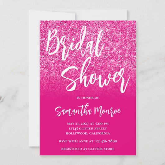 ホットピンクグリッターグラデーションブライダルシャワー 招待状 (正面)