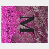 ホットピンクグリッターグラデーションボホシックフローラモノグラム フリースブランケット (正面(横))