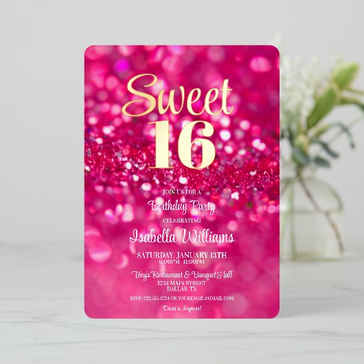 ホットピンクグリッターグラムスウィート16誕生日招待状 箔招待状 (立ち正面)