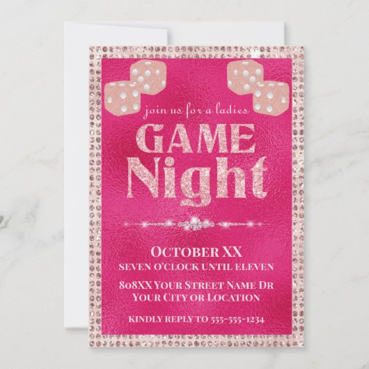 ホットピンクグリッターサイコロレディースゲームナイト 招待状 (正面)