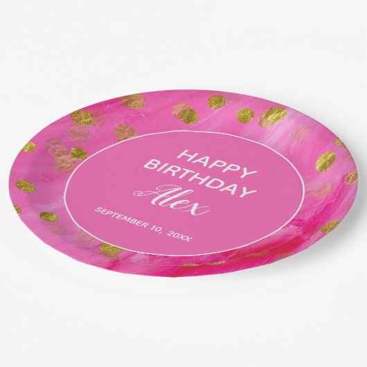 ホットピンクグリッターサプライズ誕生日パーティー ペーパープレート (アングル)