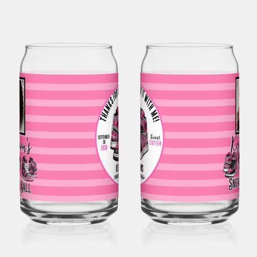 ホットピンクグリッタースニーカーボールフォト誕生日 ガラス缶 (右)