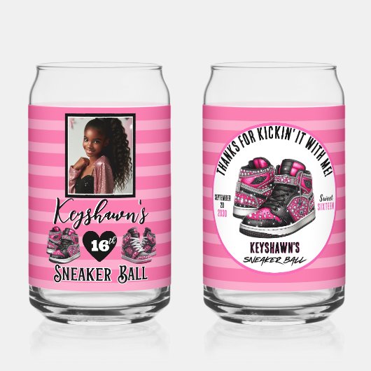 ホットピンクグリッタースニーカーボールフォト誕生日 ガラス缶 (裏面)