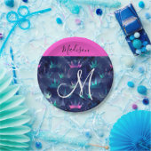 ホットピンクグリッタースパークルスマーメイドクラウンズモノグラム ペーパープレート (パーティー)