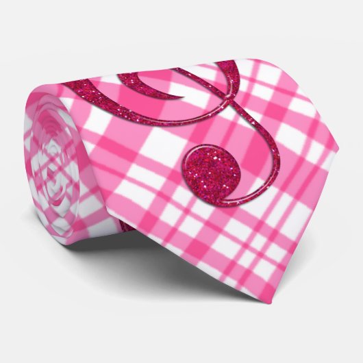 ホットピンクグリッタートレブルクレフ、 音符記号オンピンクプレイド ネクタイ (ロール)