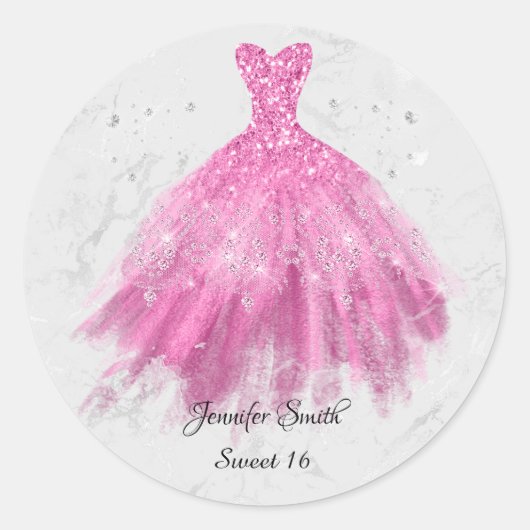 ホットピンクグリッタードレスSweet sixteen ラウンドシール (正面)