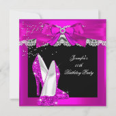 ホットピンクグリッターハイヒールシューバースデーパーティー 招待状 (正面)