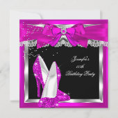 ホットピンクグリッターハイヒールシルバーバースデーパーティー 招待状 (正面)