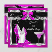 ホットピンクグリッターハイヒールトシルバーカクテルパーティー 招待状 (正面/裏面)