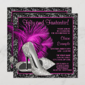 ホットピンクグリッターハイヒール女性誕生日 招待状 (正面/裏面)