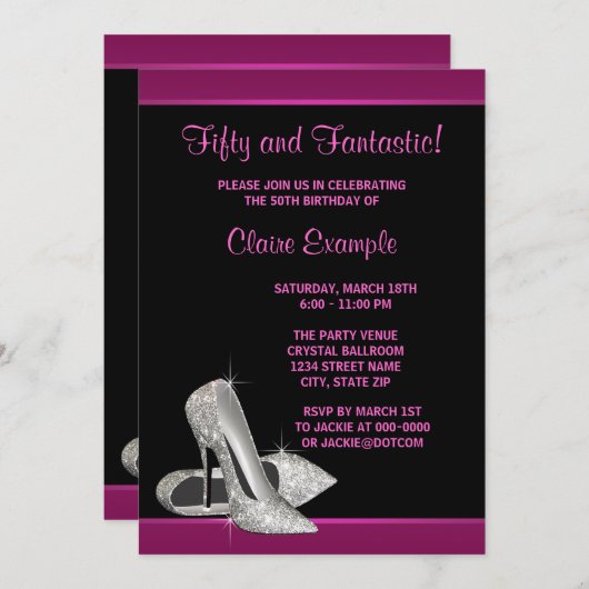 ホットピンクグリッターハイヒール女性50th Brithday 招待状 (正面/裏面)