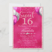ホットピンクグリッターバルーン甘い16誕生日 招待状 (正面)