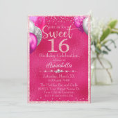 ホットピンクグリッターバルーン甘い16誕生日 招待状 (スタンド正面)