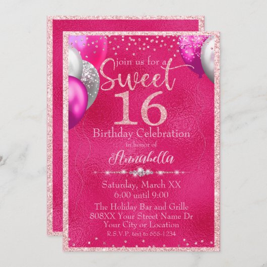 ホットピンクグリッターバルーン甘い16誕生日 招待状 (正面/裏面)