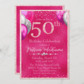 ホットピンクグリッターバルーン50誕生日 招待状 (正面/裏面)