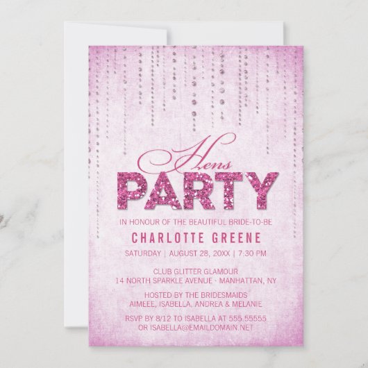 ホットピンクグリッタールックヘンパーティー 招待状 (正面)