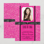 ホットピンクグリッター卒業おめでとうのご案内 招待状 (正面/裏面)