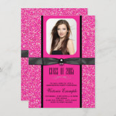 ホットピンクグリッター卒業発表 招待状 (正面/裏面)