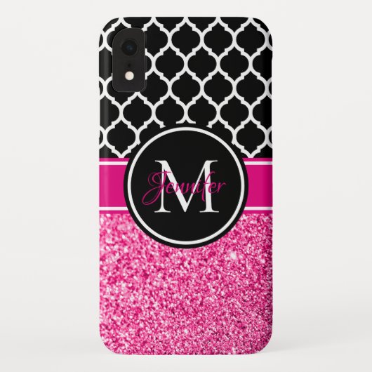 ホットピンクグリッター白黒トレリスモノグラム Case-Mate iPhoneケース (裏面)