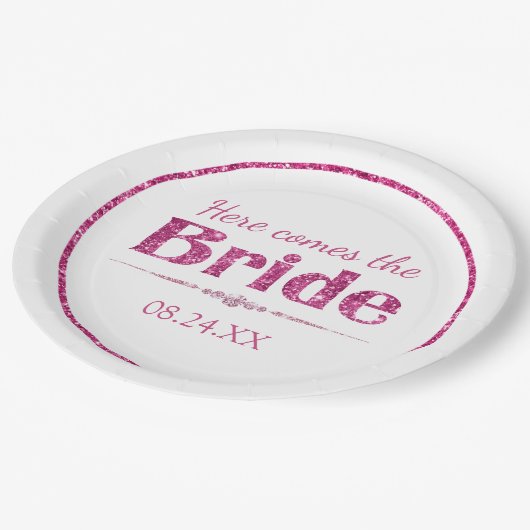 ホットピンクグリッター花嫁とダイヤモンド ペーパープレート (アングル)