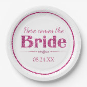 ホットピンクグリッター花嫁とダイヤモンド ペーパープレート (正面)