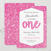 ホットピンクグリッター「ワン」ファーストバースデーカード 招待状 (正面/裏面)