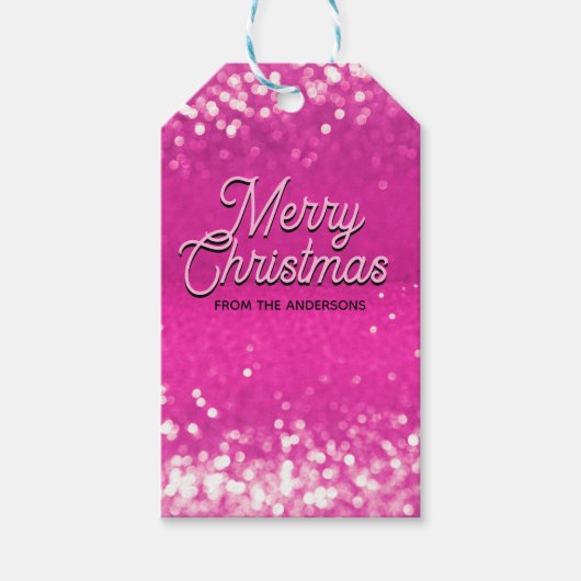 ホットピンクグリッター《写真》ぼけ味カスタム文字 ギフトタグ (正面)