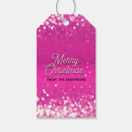 ホットピンクグリッター《写真》ぼけ味カスタム文字 ギフトタグ (正面)