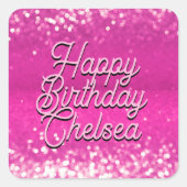 ホットピンクグリッター《写真》ぼけ味カスタム文字 スクエアシール (正面)