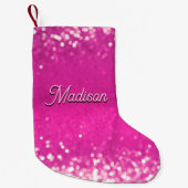 ホットピンクグリッター《写真》ぼけ味カスタム文字 スモールクリスマスストッキング (正面)