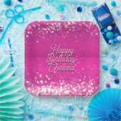 ホットピンクグリッター《写真》ぼけ味カスタム文字 ペーパープレート (パーティー)