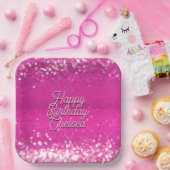 ホットピンクグリッター《写真》ぼけ味カスタム文字 ペーパープレート (パーティー)