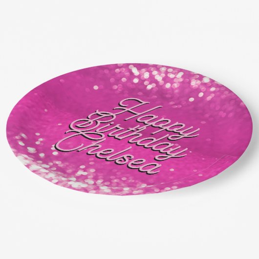 ホットピンクグリッター《写真》ぼけ味カスタム文字 ペーパープレート (アングル)