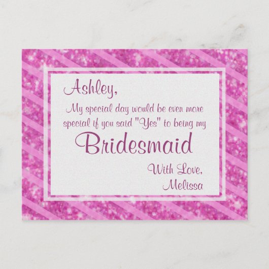 ホットピンクグリッター – 私の花嫁のメイドになる？ インビテーションポストカード (正面)