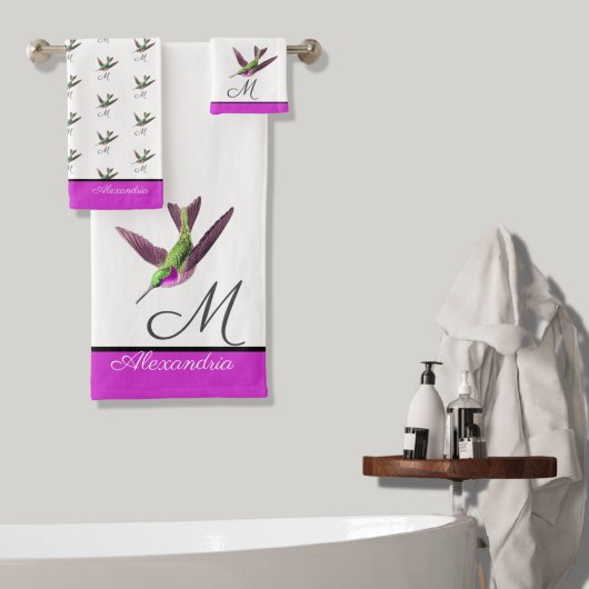 ホットピンクグリーンハミングバードウォーター色 バスタオルセット