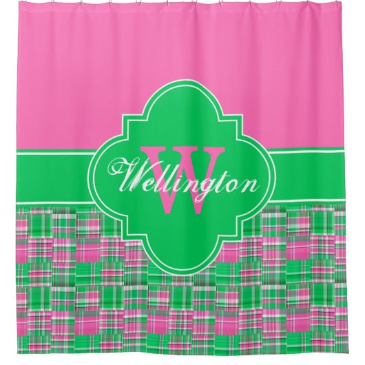 ホットピンクグリーンマドラスプレイド1I CBリボン名 シャワーカーテン (正面)