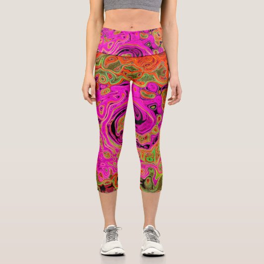 ホットピンクグルービー抽象芸術レトロ液スワール カプリレギンス (正面)