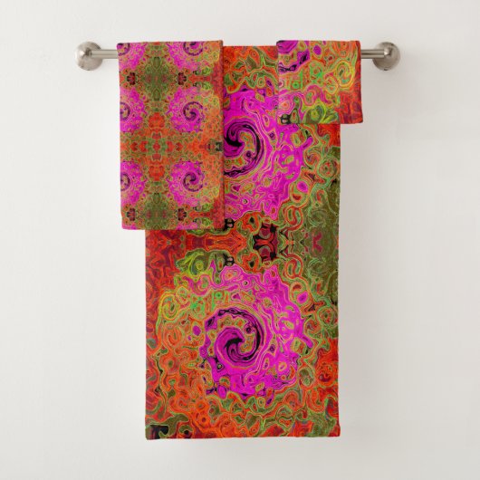 ホットピンクグルービー抽象芸術レトロ液スワール バスタオルセット (インサイチュ)
