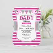 ホットピンクグレーストライプ招待状ベビーシャワー 招待状 (スタンド正面)