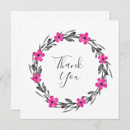 ホットピンクグレーブラックウォーターカラーフローラリース サンキューカード (正面/裏面)