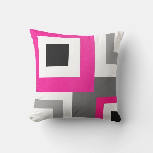 ホットピンクグレー白黒幾何学正方形 クッション (正面)