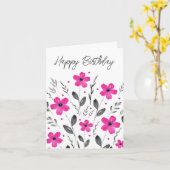 ホットピンクグレー5花びら水色フローラモチーフ カード (黄色い花)