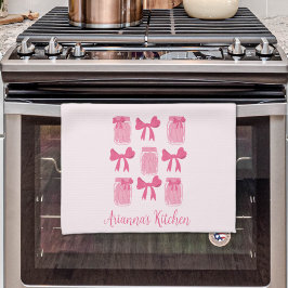 ホットピンクコケット漬け瓶とボウパーソナライズされた キッチンタオル